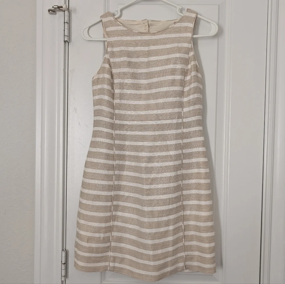 Banana Republic Neutral Stripe Linen Blend Sleeveless Summer Sheath Dress - Picture 8 of 10